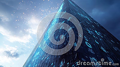 A monumental tower displaying a cascading waterfall of holographic symbols and icons representing various technologies Stock Photo