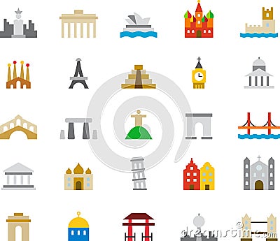 MONUMENTS colored flat icons Vector Illustration