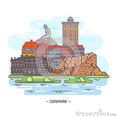 Famous historical monuments of Denmark. Landmarks Vector Illustration