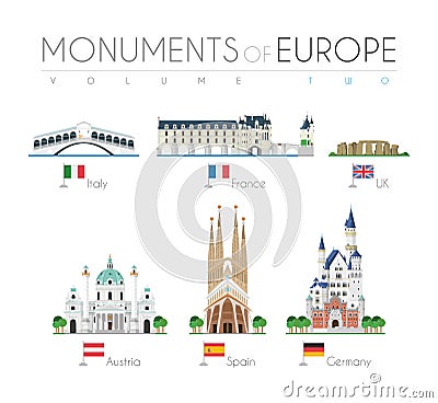 Monuments of Europe in cartoon style Volume 2. Vector illustration Vector Illustration