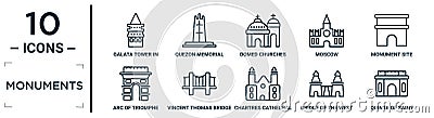 monuments linear icon set. includes thin line galata tower in istanbul, domed churches, monument site, vincent thomas bridge, Vector Illustration