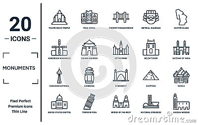 monuments linear icon set. includes thin line thatbyinnyu temple, kinderdijk windmills, canadian national tower, united states Vector Illustration