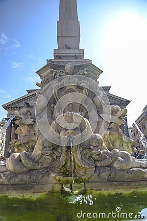 Monuments in Rome, Italy. Pantheon fountain in front of the famous Roman temple Stock Photo