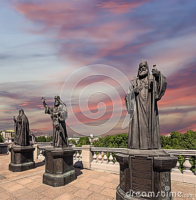 Monuments of the sculptural complex Patriarchs of Moscow and all Russia near the Cathedral of Christ the Savior. Moscow, Russia Editorial Stock Photo