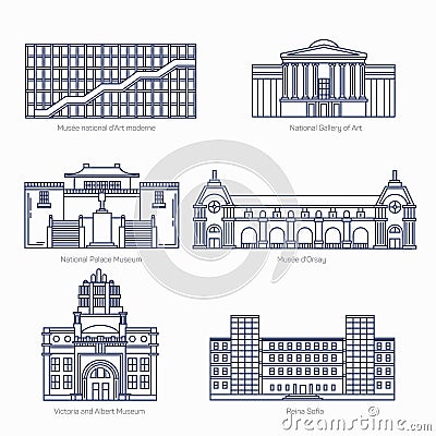Monuments thin line vector icons. National Gallery of Art, National Palace Museum, Orsay Vector Illustration
