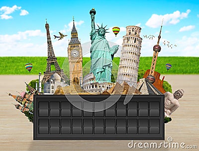 Monuments of the world on a airport billboard panel Stock Photo