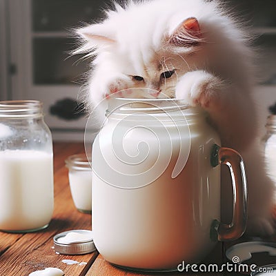 Moo-velous meow-ments: a cat's curious encounter with milk in a jar Stock Photo