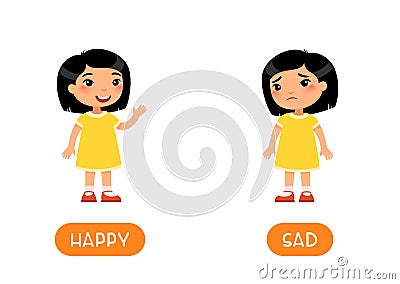 Mood concept, HAPPY and SAD. Childish word card with opposites vector template. Flash card for foreign language with little child Vector Illustration