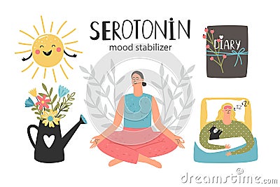 Mood stabilizer, serotonin hormone health colorful vector illustration Vector Illustration