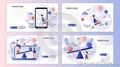 Mood swings. Emotions change. Psychology disorder, mental problem. Bipolar emotion. Emotional balance. Screen template Vector Illustration