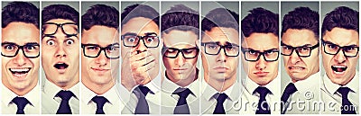 Mood swings. Man changing emotions from happy to getting angry Stock Photo