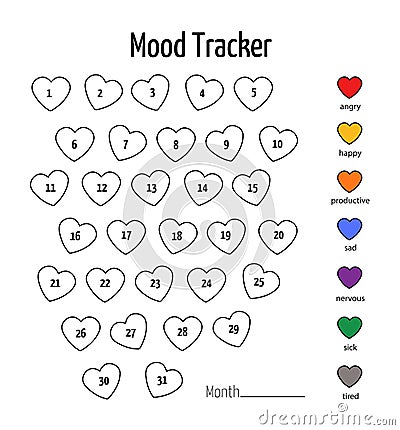 Mood tracker calendar. Year in pixels, Mood Planner, Feelings Tracker. Vector illustrations Vector Illustration