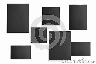 Moodboard, mood wall composition with black photo cards, paper frames isolated on white for easy editing Stock Photo