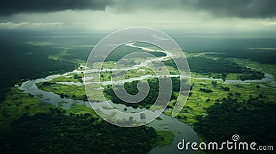 Moody Aerial View Of River And Jungle: Subtle Atmospheric Perspective Stock Photo