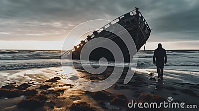 Moody And Atmospheric: Discovering The Wreck Of A Boat On The Beach Stock Photo