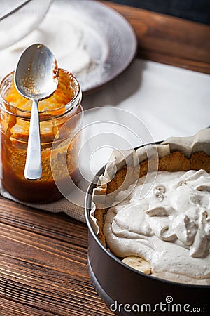 Moody Banoffee pie closeup with caramel Stock Photo