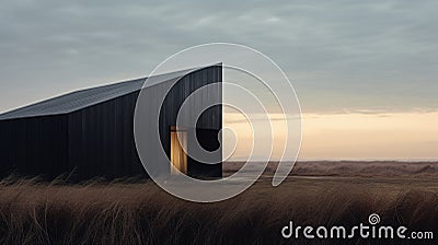 Moody Black Cabin In A Minimalist Prairie Landscape Stock Photo