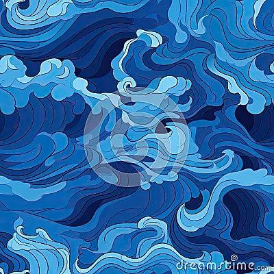 Moody blue wave pattern with atmospheric clouds and bold lines (tiled) Stock Photo