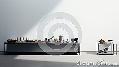 Moody Buffet With Stainless Steel Tableware And Fujifilm Eterna Vivid 500t Style Stock Photo