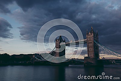 Moody dark shot of Tower Bridge on London skyline at sunset Stock Photo