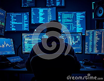 Photorealistic image of a hacker in a dark room, surrounded by multiple screens displaying various cryptocurrencies Stock Photo