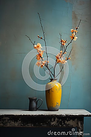 Moody Elegance: A Vignette of Aged Rustic Charm and Soft Cherry Stock Photo