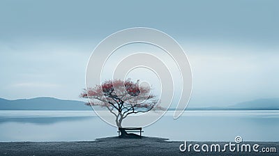 Moody Japanese Minimalism: A Serene Tree In A Lake Stock Photo