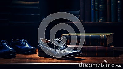 Moody Neo-noir Inspired Blue Shoes On Table Stock Photo