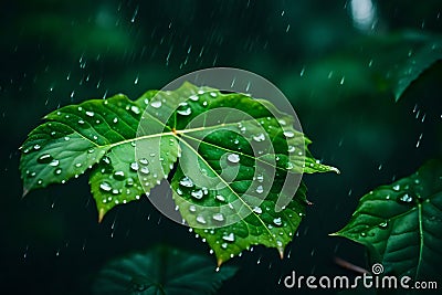 A moody photo of green leafs with water drops after rain in forest on dark background. Stock Photo