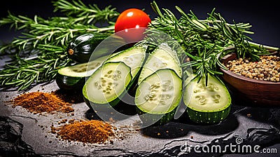Moody Still Life: Freshly Cut Zucchini With Rosemary And Spices Stock Photo