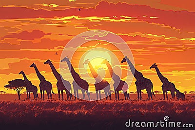 moody sunset in african savanna with a giraffe herd, concept for safari tourism and travel africa Generative AI Stock Photo