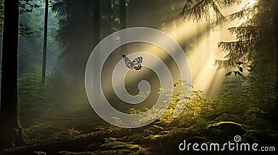 Moody Tonalism: Stunning Butterfly In Forest With Sun Rays Stock Photo