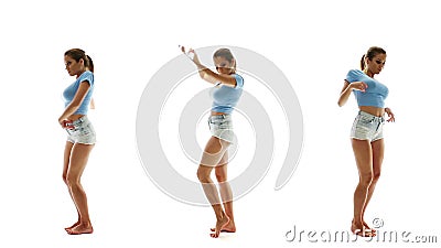 Mooie sexy vrouw in borrels en T-shirt die en het luisteren muziek, collagereeks dansen stock videobeelden Mooie sexy vrouw in borrels en T-shirt die en het luisteren muziek, collagereeks dansen stock videobeelden