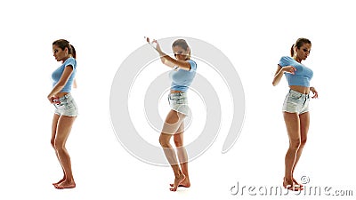 Mooie sexy vrouw in borrels en T-shirt die en het luisteren muziek, collagereeks dansen stock videobeelden Mooie sexy vrouw in borrels en T-shirt die en het luisteren muziek, collagereeks dansen stock videobeelden