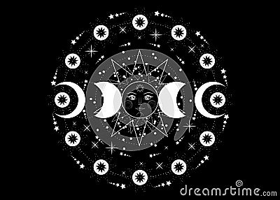 Triple moon, pagan Wiccan goddess symbol, sun system, moon phases, orbits of planets, energy circle. Sacred geometry of the wheel Vector Illustration