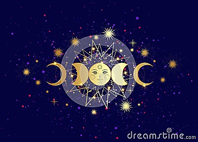 Triple moon pagan Wiccan goddess symbol sun system moon phases orbits of planets energy circle Vector Illustration