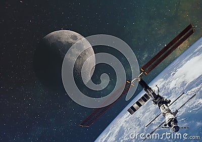 The moon against the milky way and the international space station in the infinite space of the universe in orbit of the earth. El Stock Photo