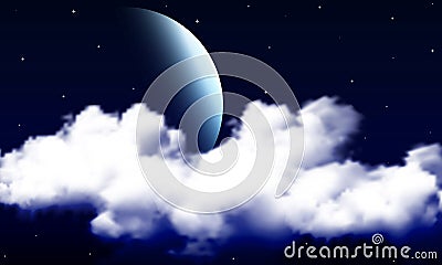 Moon behind clouds in dark starry sky Vector Illustration