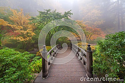 Moon Bridge in Portland Japanese Garden One Colorful Foggy Autumn Morning Stock Photo