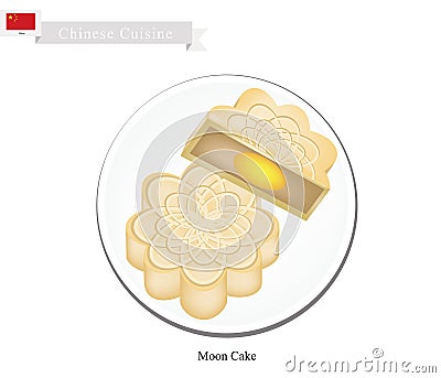 Moon Cake or Chinese Round Pastry for Mid-Autumn Festival Vector Illustration