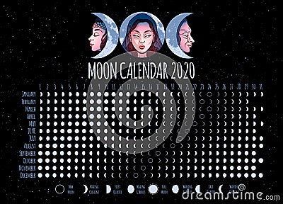 Moon calendar, 2020 year, lunar phases, cycles. Design illustrated with Triple Goddess symbol: Maiden, Mother and Crone. Vector Vector Illustration