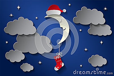 Moon In Cap Of Santa Claus And A Sock In The Night Starry Sky. Paper Art Style Vector Illustration