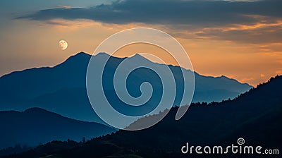 Full Moon Night Sky over Mountain Ridge Stock Photo