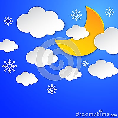 Moon, cloud, snowflake on the night sky card. Snow, winter seasonal. Paper cut layers. Overcast scene. Cloudy nightly Vector Illustration