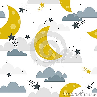 Moon, clouds and stars, colorful seamless pattern. Decorative background, sky Vector Illustration