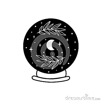 Moon into crystal ball. Celestial moon, stars, floral branch. Mystical moon witch graphic element isolated. Cartoon Illustration