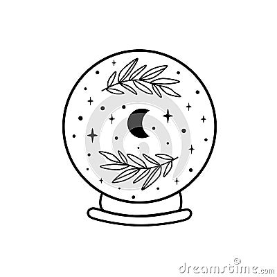 Moon crystal ball. Celestial moon, stars, floral branch. Mystical moon witch graphic element isolated Cartoon Illustration