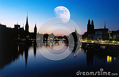 Moon at dusk, Zurich Stock Photo