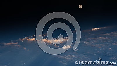 Moon and Earth seen from Space. Moving on a black sky. Nasa Public Domain Imagery Stock Photo