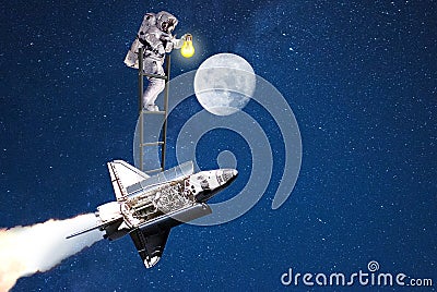 Moon exploration.space man flying on shuttle Stock Photo